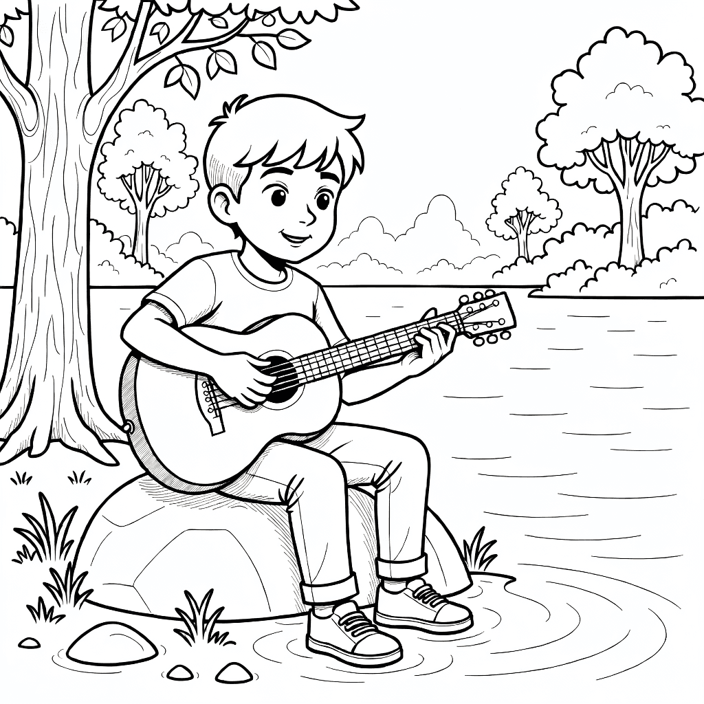 Junge mit kurzen Haaren sitzt auf einem Felsen und spielt Akustikgitarre am ruhigen See mit Bäumen im Hintergrund