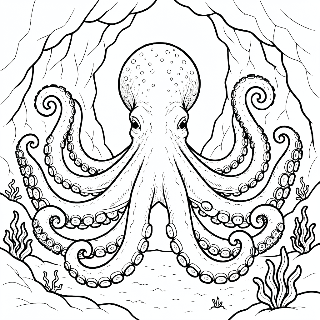 Polpo realistico con texture dettagliata della pelle e tentacoli aperti davanti a una grotta sottomarina rocciosa con alghe