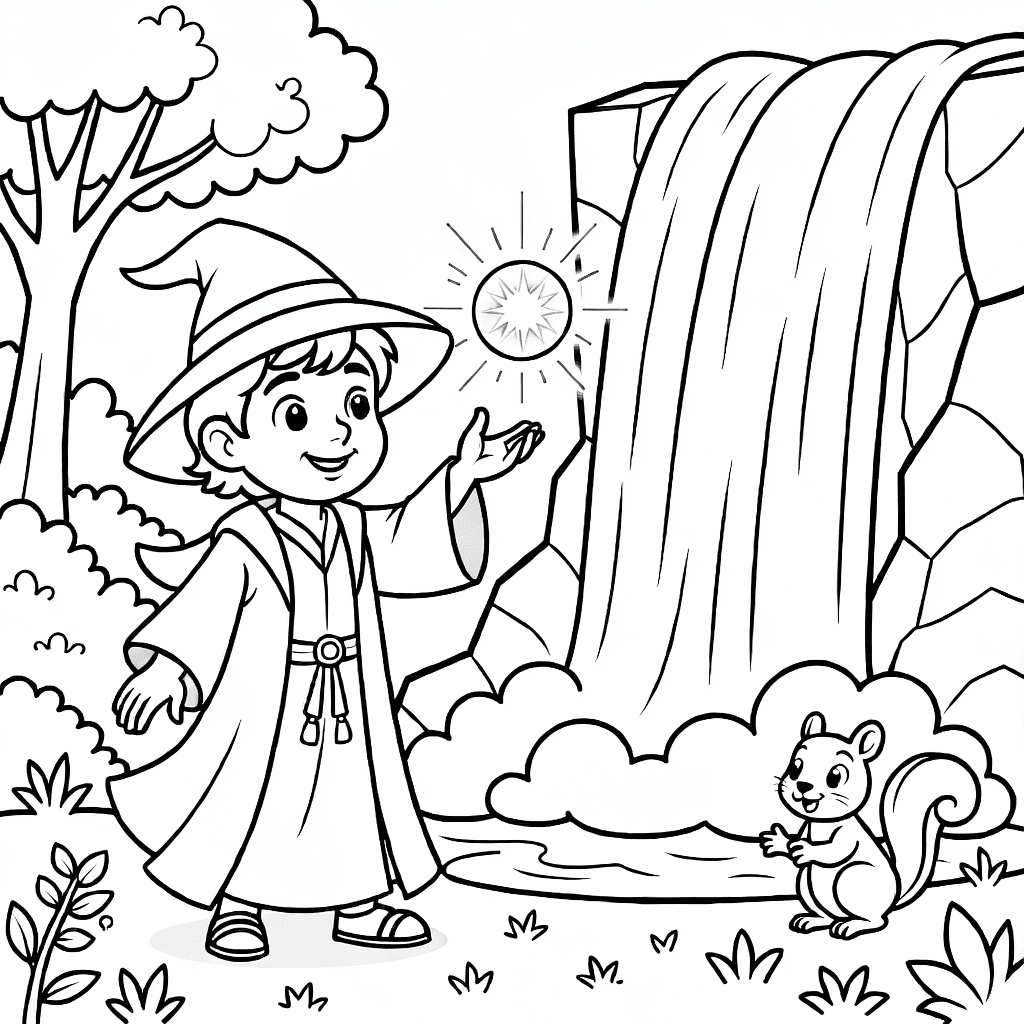 Giovane mago che lancia incantesimo di luce accanto a cascata con rocce, alberi e piccolo animale