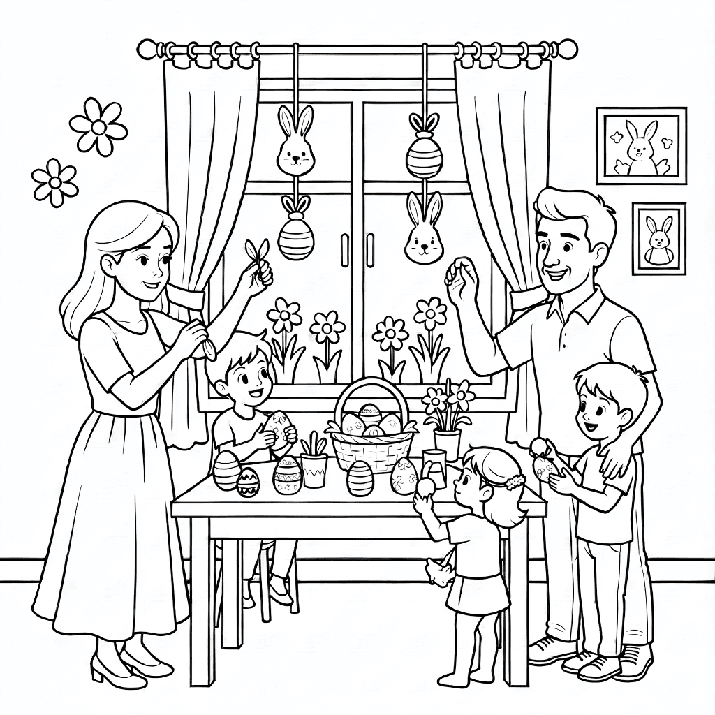 Family of four decorating home with pastel Easter decorations on a bright spring day, including eggs and flowers on a table