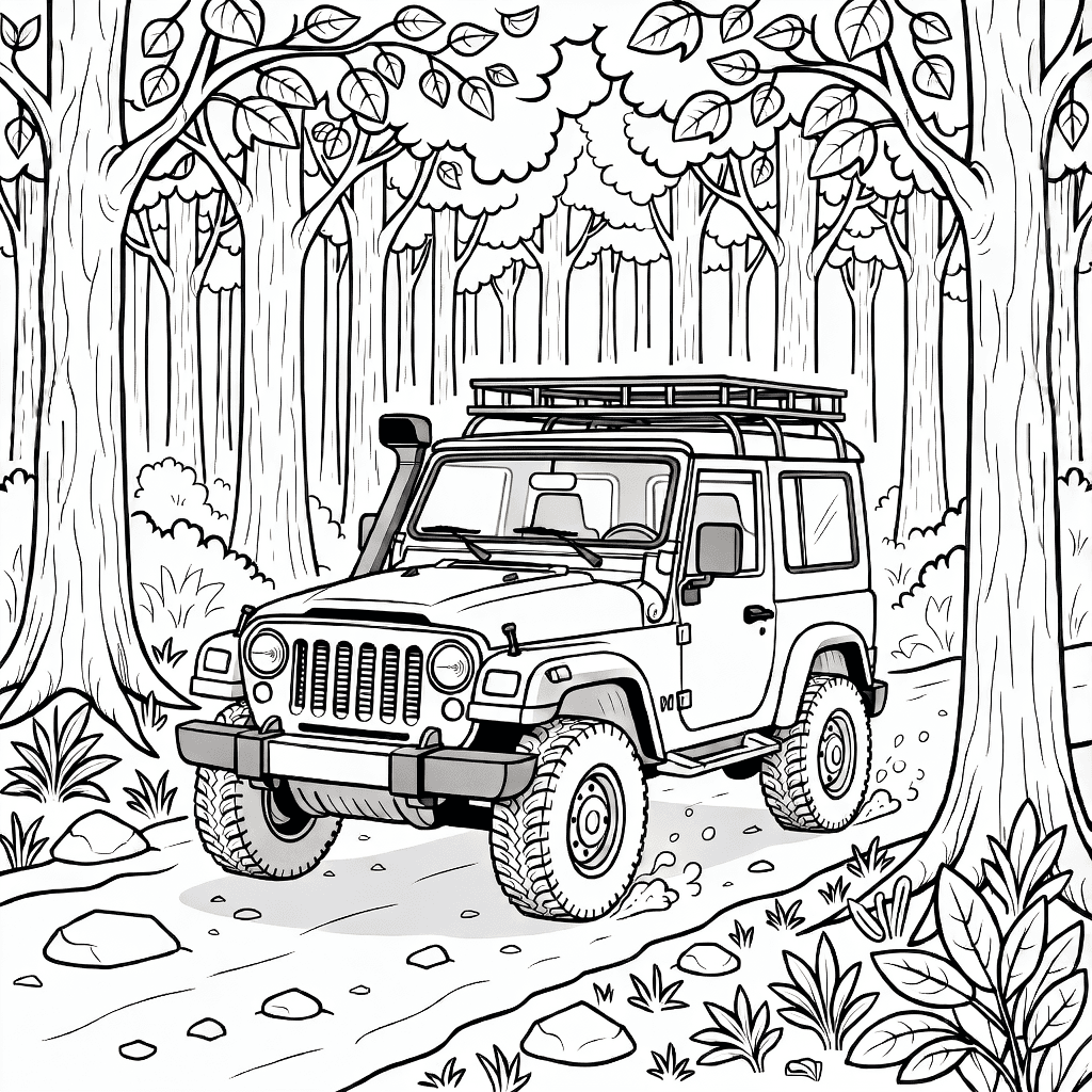 Uzun ağaçlar ve çalılıklar arasında kayalık orman patikasında detaylı off-road jeep