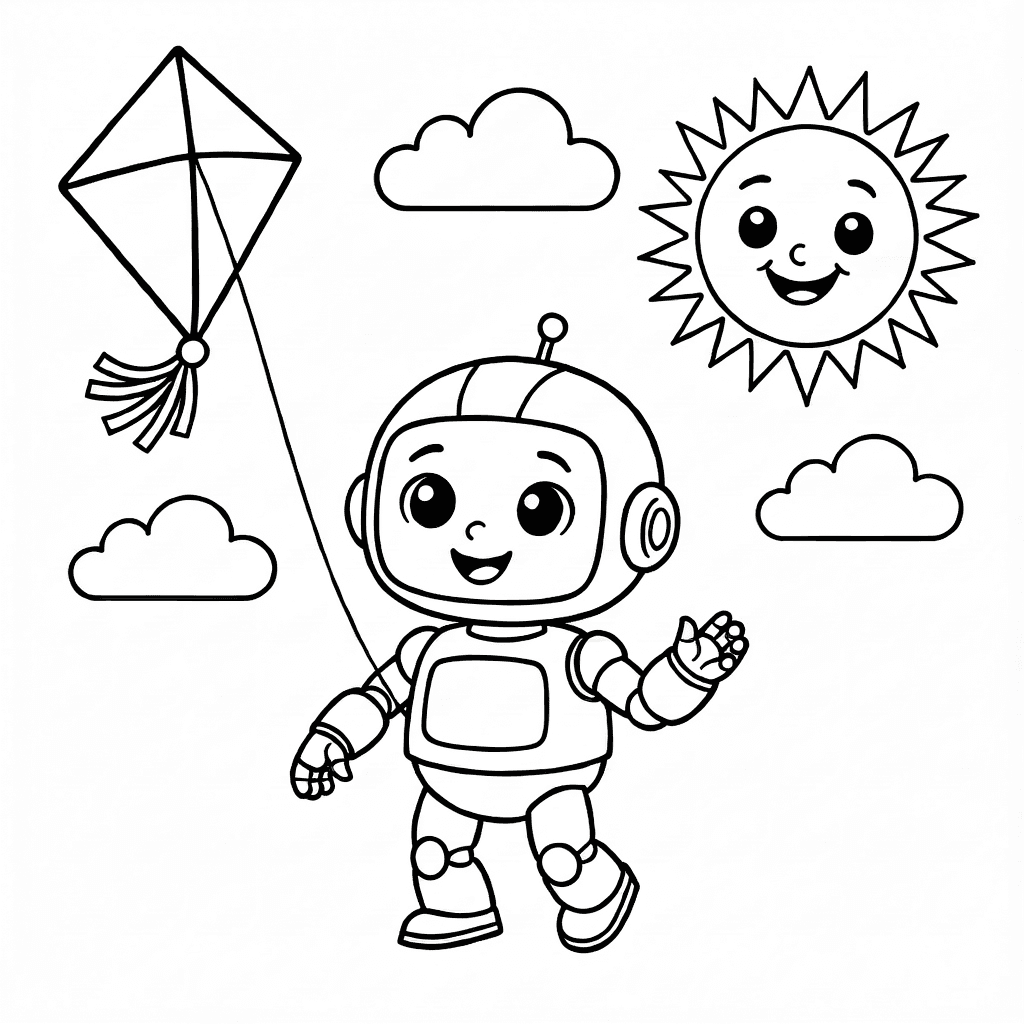 Robot sorridente che vola un aquilone con sole e nuvole sullo sfondo