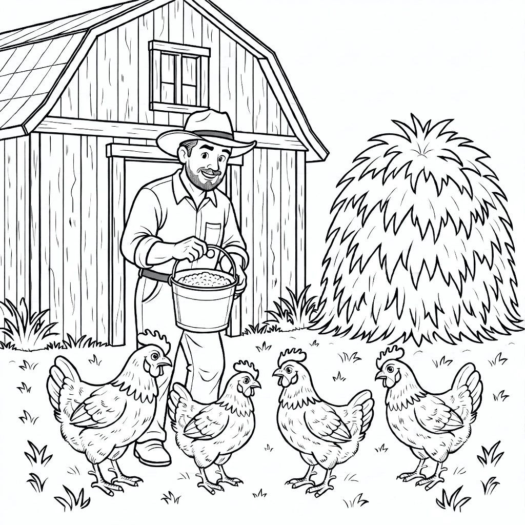Bauer in Arbeitskleidung füttert Hühner im sonnigen Hof mit Scheune, Heuhaufen und Gras