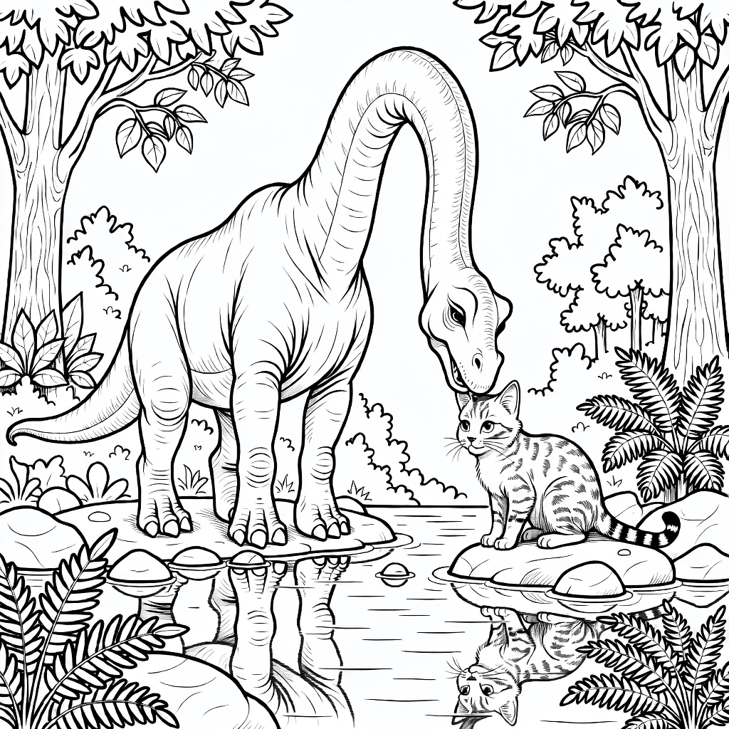 Ein großer Brachiosaurus, der sanft eine kleine neugierige Katze am felsigen Seeufer im prähistorischen Wald berührt