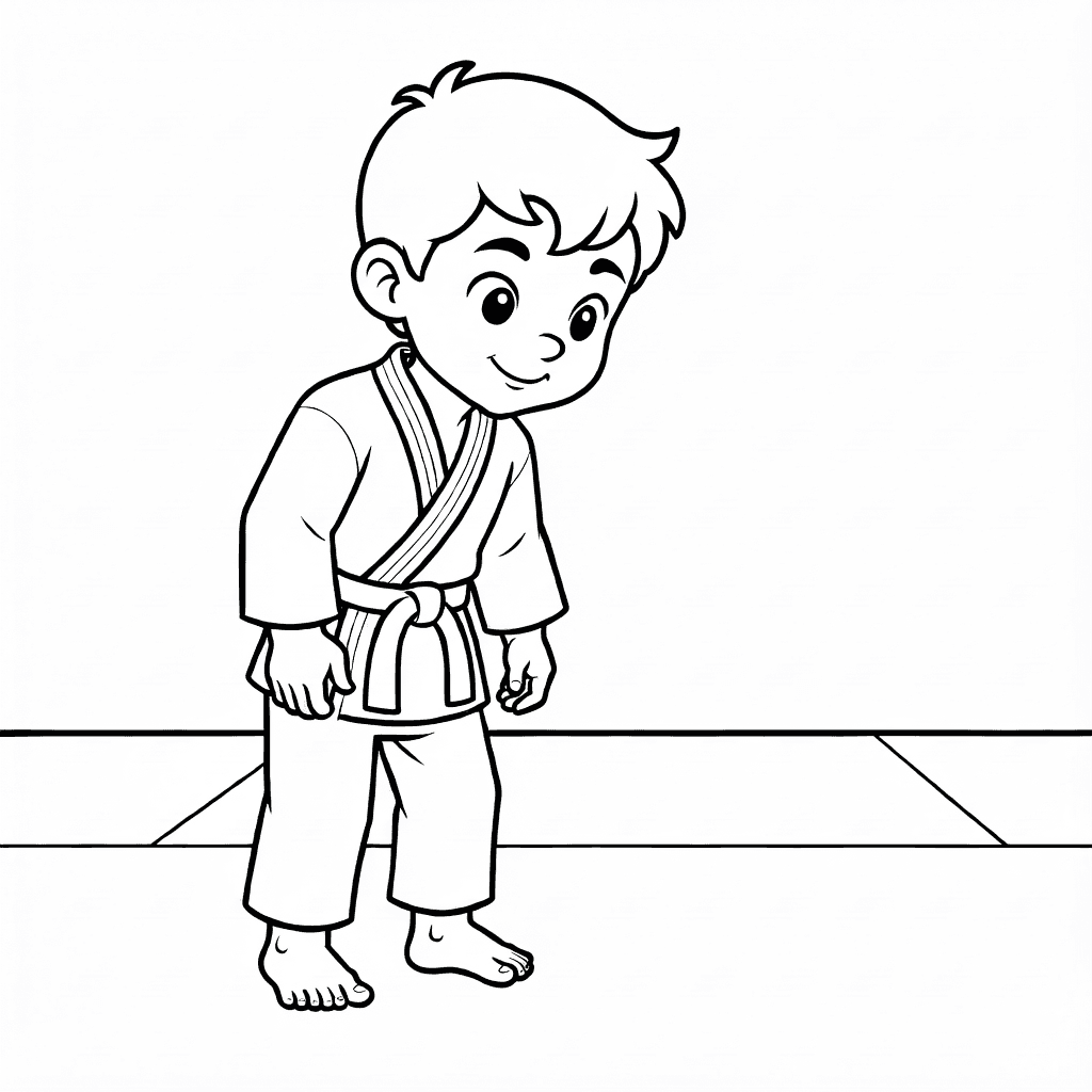 Joven karateca haciendo reverencia con gi tradicional sobre colchoneta deportiva