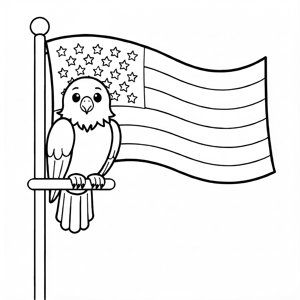 Freundlicher Adler sitzt auf einer Fahnenstange, amerikanische Flagge weht dahinter