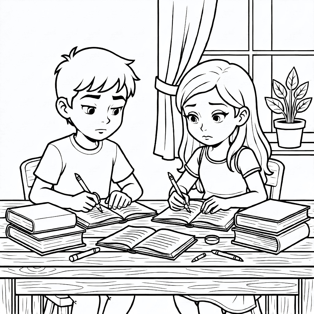Two siblings at a wooden desk studying with books, pencils, plants, and a window with curtains behind them
