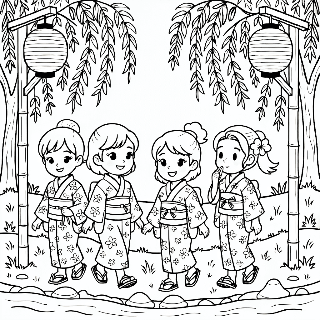 Children walking along a riverbank at night wearing traditional Japanese yukatas with lanterns hanging above