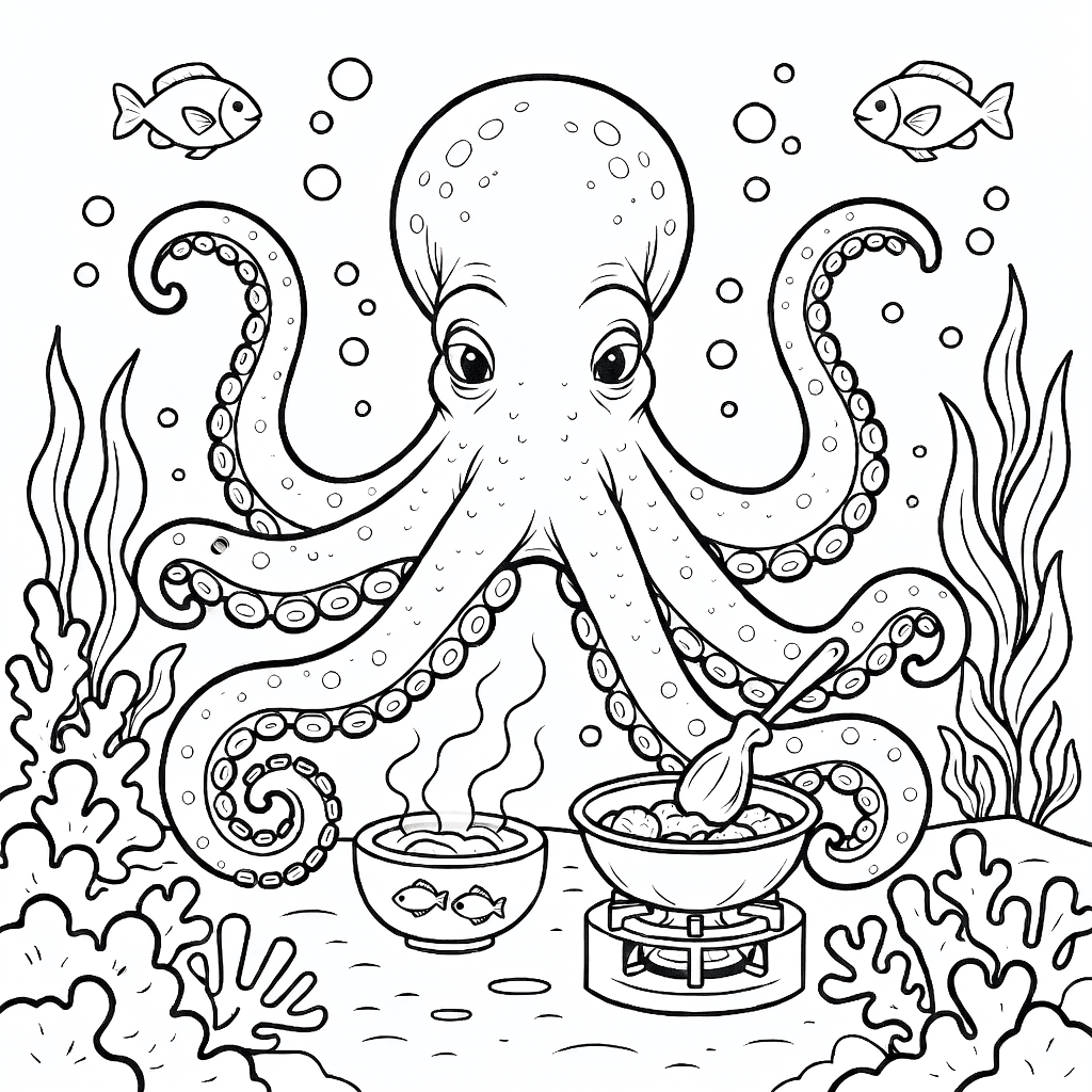 An octopus cooking food underwater with its tentacles surrounded by sea plants and bubbles