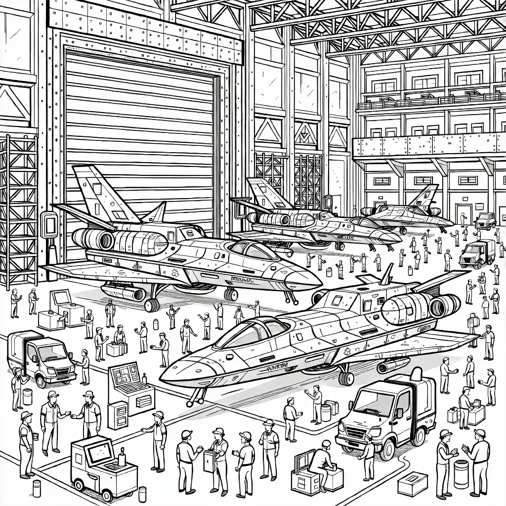 Porto espacial movimentado com naves futuristas, técnicos, hangares e veículos de apoio prontos para lançamento