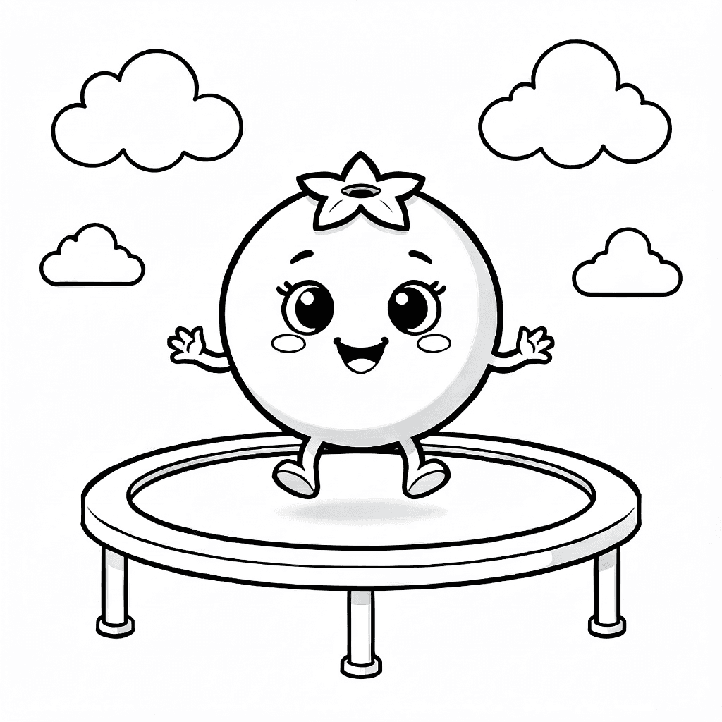 Eine fröhliche runde Blaubeere mit Armen und Beinen hüpft auf einem Trampolin unter verspielten Wolken