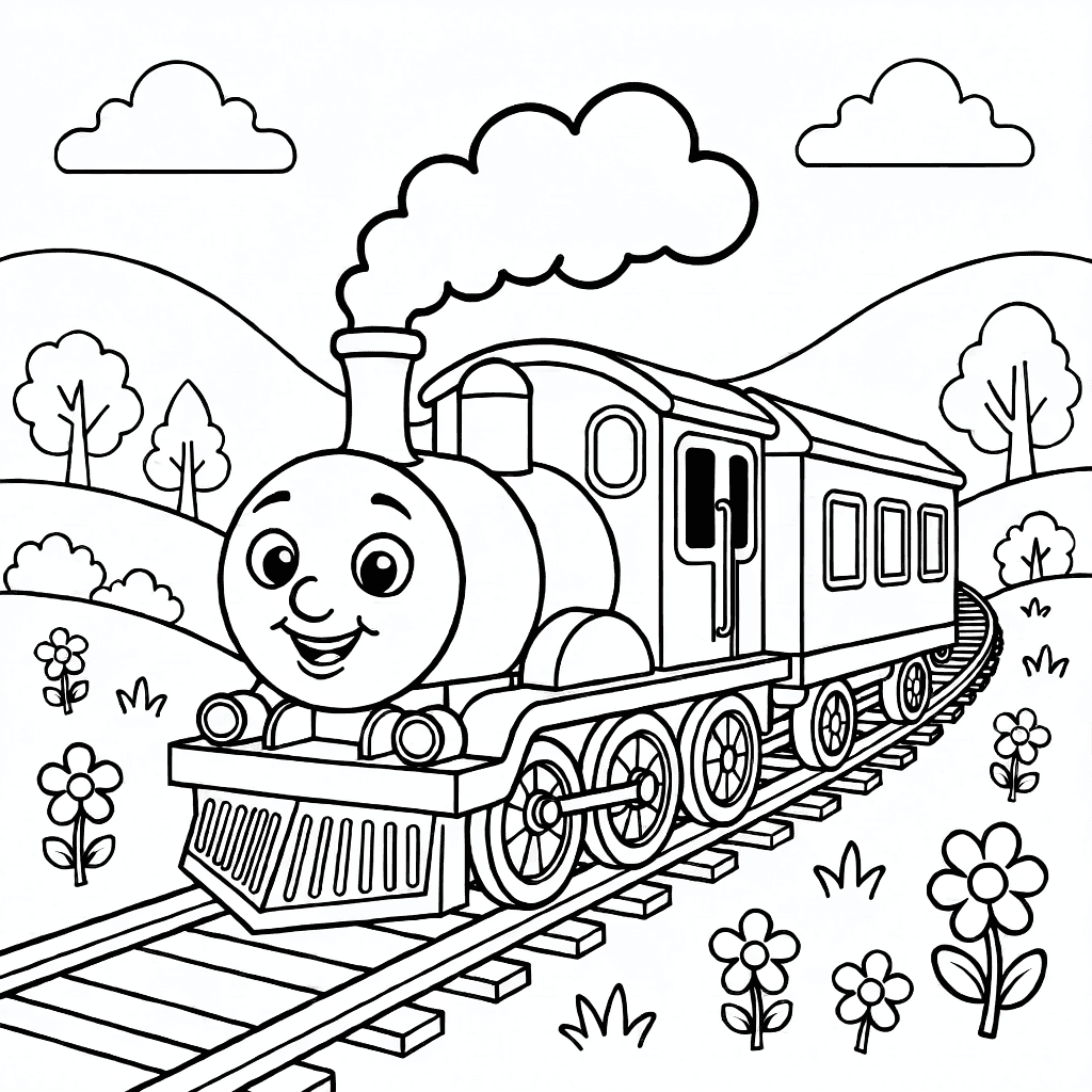 Yeşil vadi, tepeler, ağaçlar ve çiçekler arasında dost yüzlü neşeli çizgi film treni