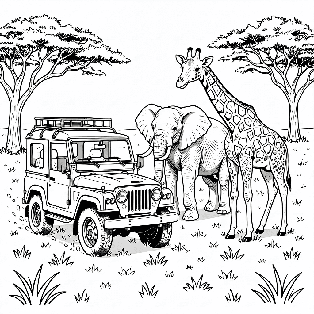 Safari-Jeep auf Graslandschaft mit Elefanten und Giraffen bei Akazienbäumen