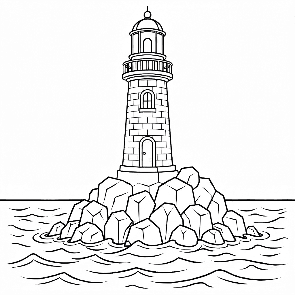 Old lighthouse with cylindrical brick tower and domed lantern on rocky cliffs by the sea with gentle waves