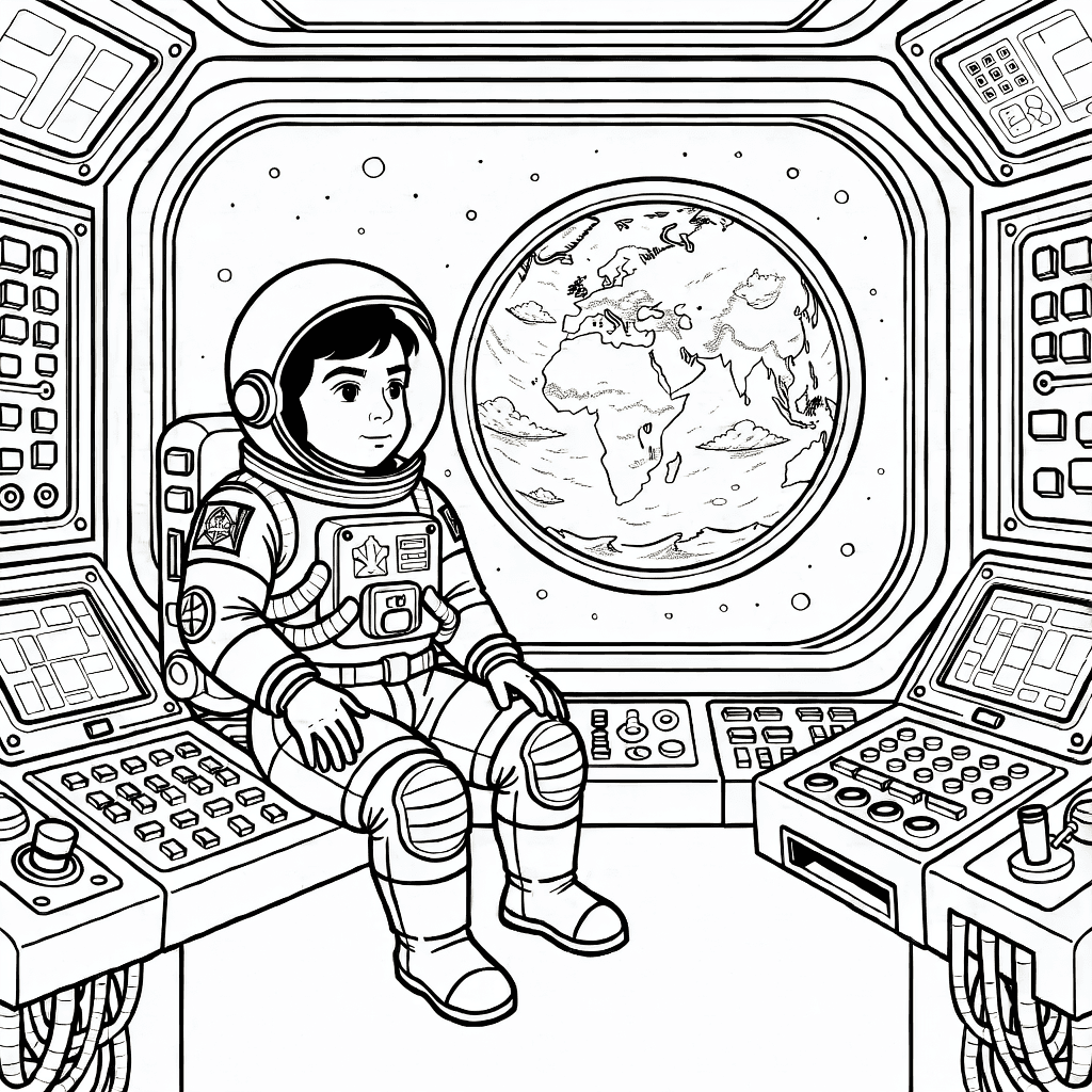 Astronaut floating near space station window looking at Earth with detailed control panels inside