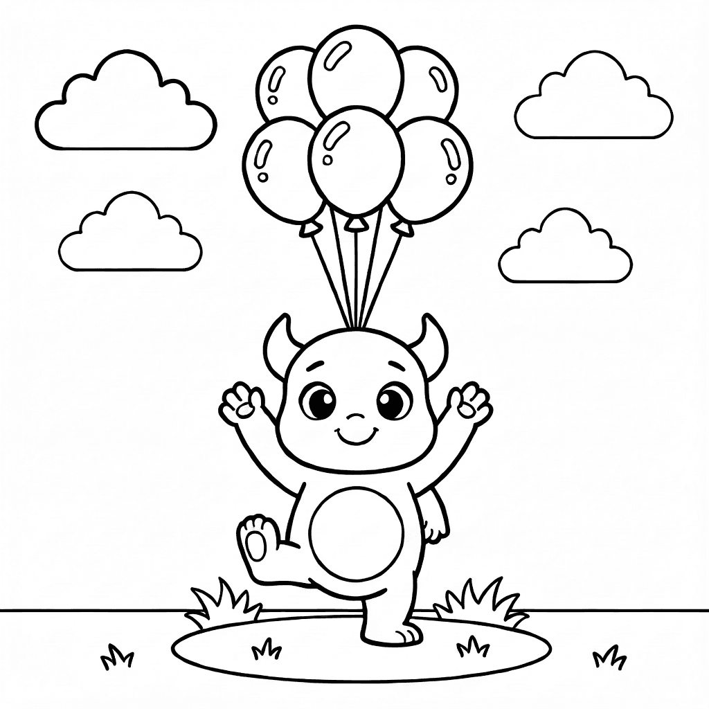 Ein freundliches Monster balanciert bunte Luftballons auf einem Fuß vor Wolken und Gras