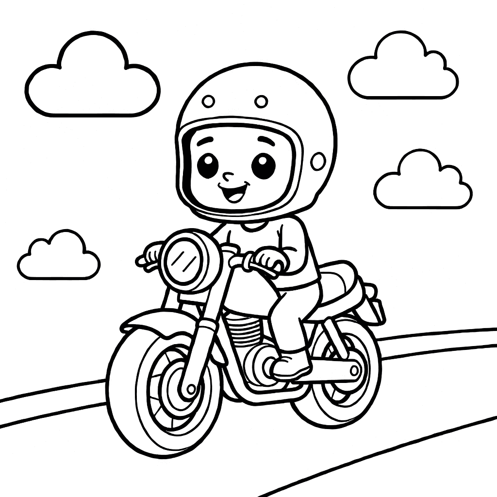 Gülümseyen yüzlü, büyük tekerlekli, yuvarlak kask takan çizgi film motosikleti, yol ve bulutlarla
