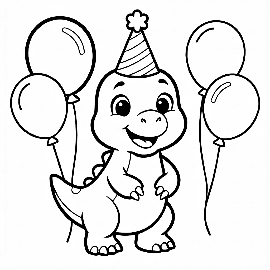 Dinosaurio sonriente con gorro de fiesta rodeado de globos grandes y simples sobre fondo blanco