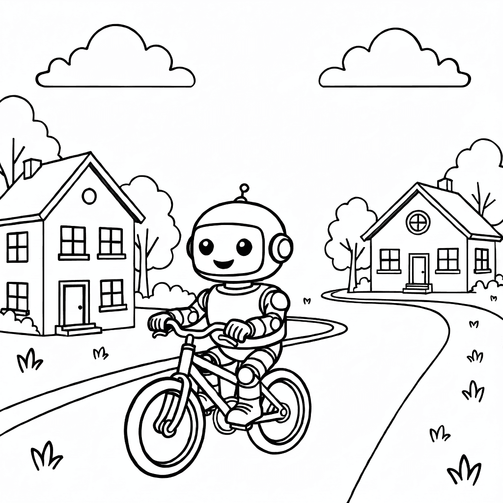 Robot amichevole in bicicletta in una strada tranquilla con case e alberi