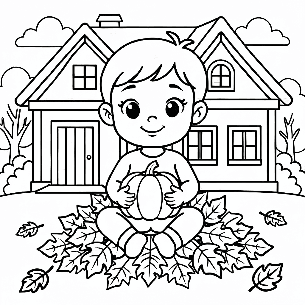 Child smiling while sitting on autumn leaves holding a small pumpkin with a farmhouse in the background