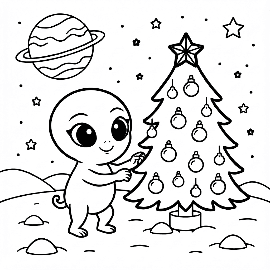Petit extra-terrestre rond aux grands yeux décorant un sapin de Noël sur un astéroïde enneigé sous un ciel étoilé avec une