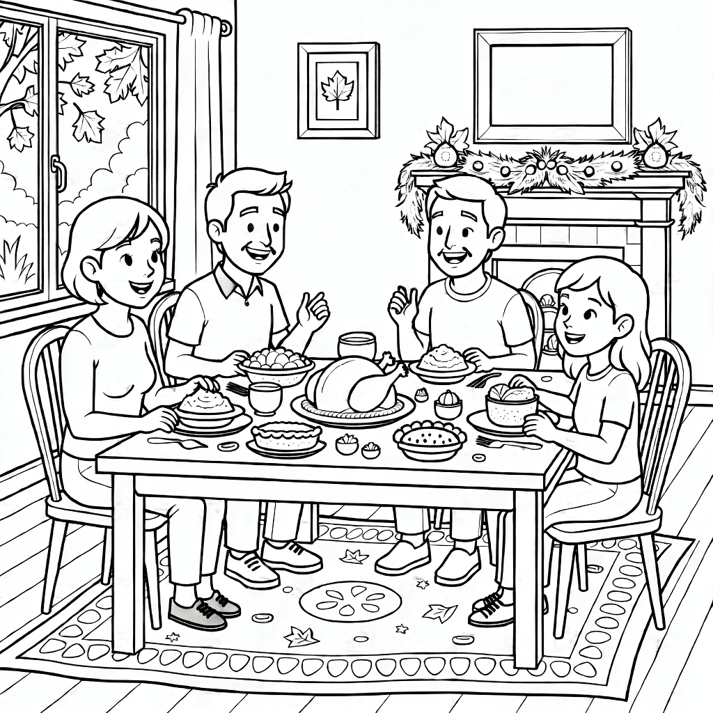 Family around dining table with Thanksgiving dishes in cozy room showing autumn window and fireplace