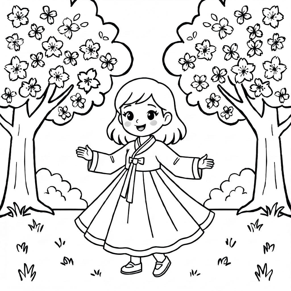 Little girl in flowing hanbok twirling happily among blooming cherry blossom trees and green bushes in a garden