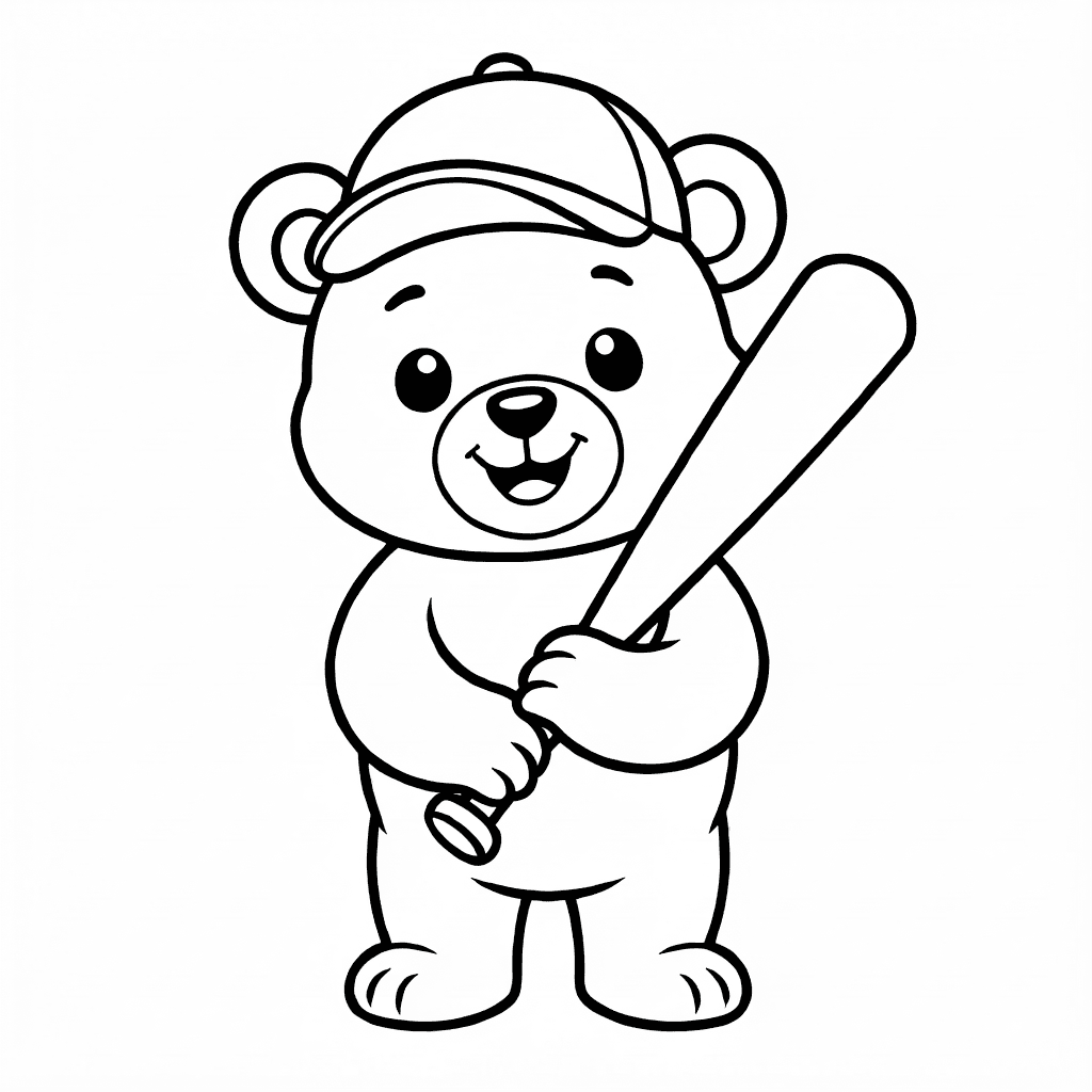 Oso sonriente con gorra de béisbol y bate sobre fondo blanco