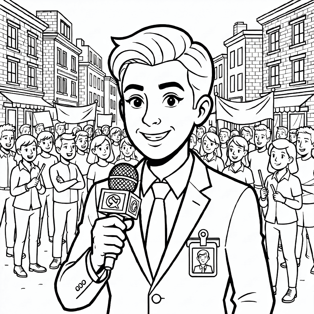 Nachrichtenreporter mit Mikrofon bei Stadtveranstaltung mit Menschenmenge und Gebäuden im Hintergrund