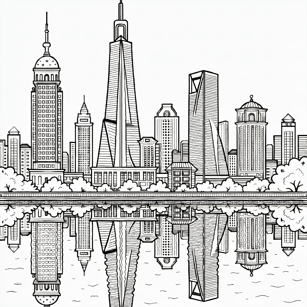 Detailed night scene of Shanghai with illuminated skyscrapers and river reflections