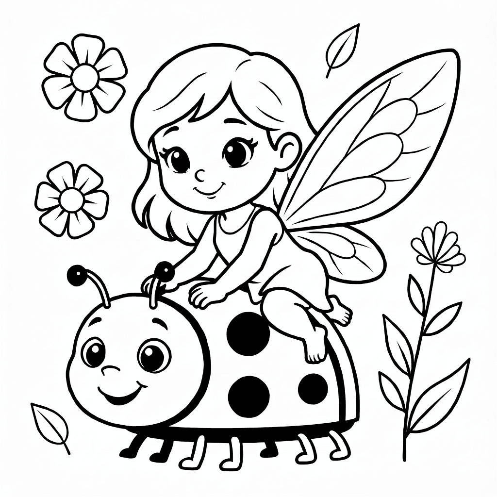 Piccola fata con ali delicate che cavalca una coccinella sorridente con grandi macchie, circondata da fiori e foglie