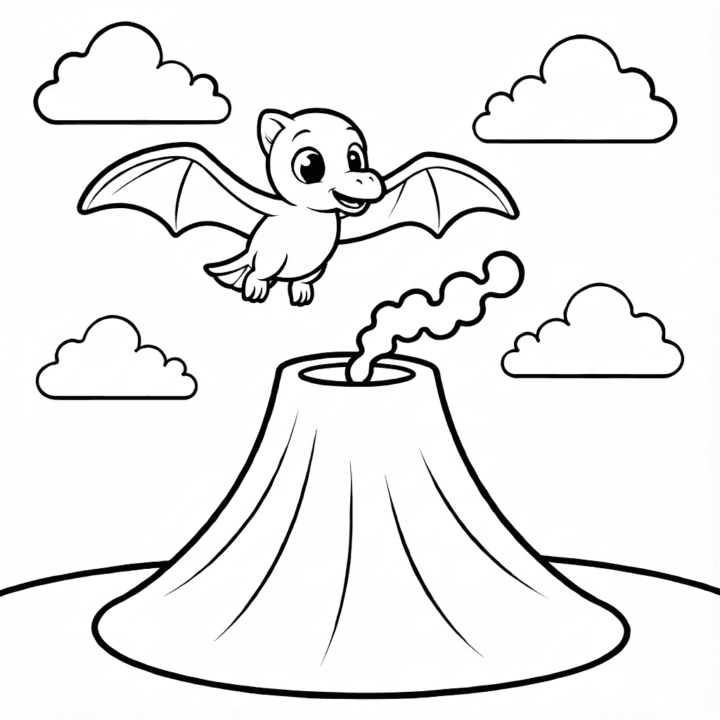 Friendly pterodactyl with rounded wings flying over a softly shaped volcano emitting a small puff of smoke under a bright