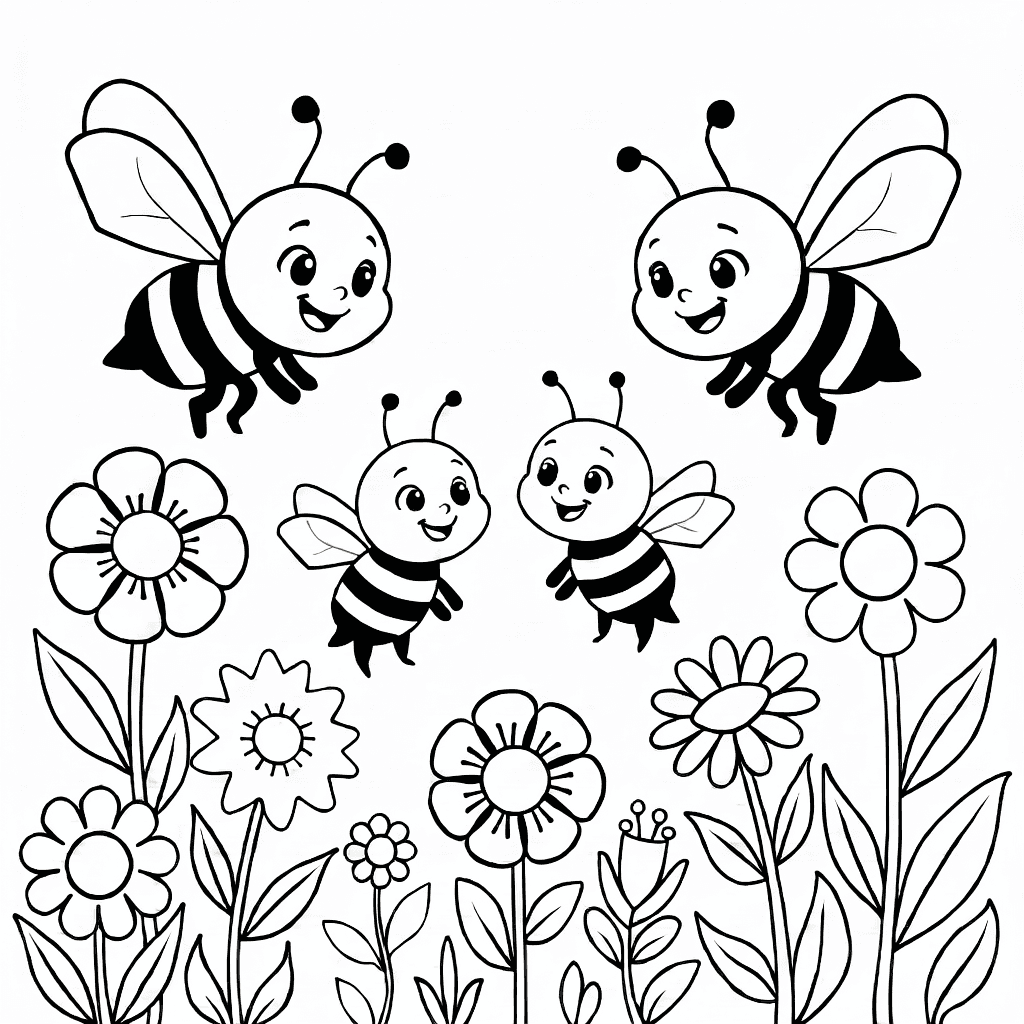Grupo de abelhas amigáveis voando em volta de flores simples com pétalas largas e folhas