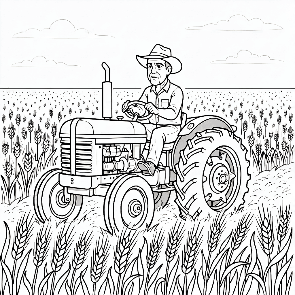 Ein Bauer fährt einen alten Traktor über ein detailliertes Feld mit hohen Getreidehalmen unter einem klaren Himmel mit Wolken