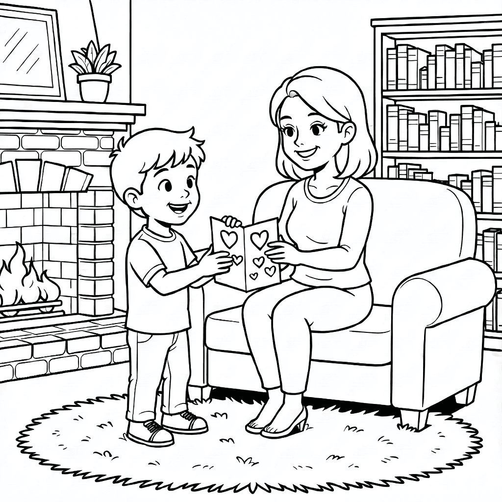 A boy giving his mother a handmade heart-decorated card while she smiles sitting on a sofa in a cozy living room with