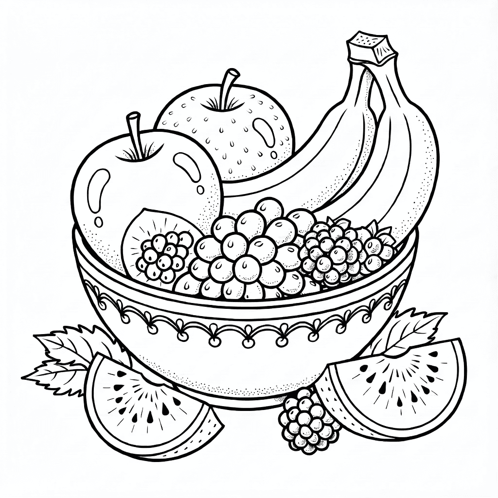 Schale mit frischen Äpfeln, Bananen, Trauben, Beeren, Obstscheiben und Blättern mit detaillierten Texturen