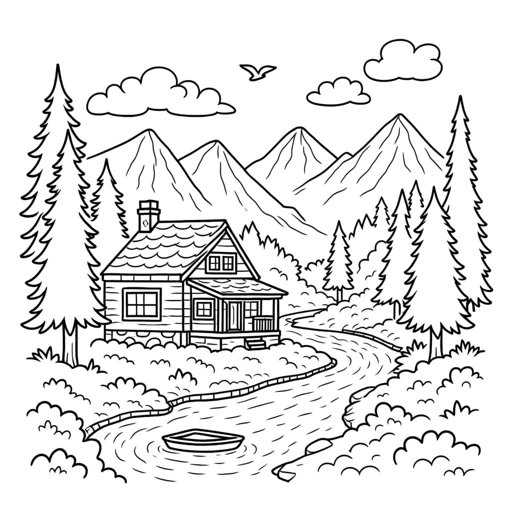 A mountain cabin surrounded by trees with a river flowing nearby