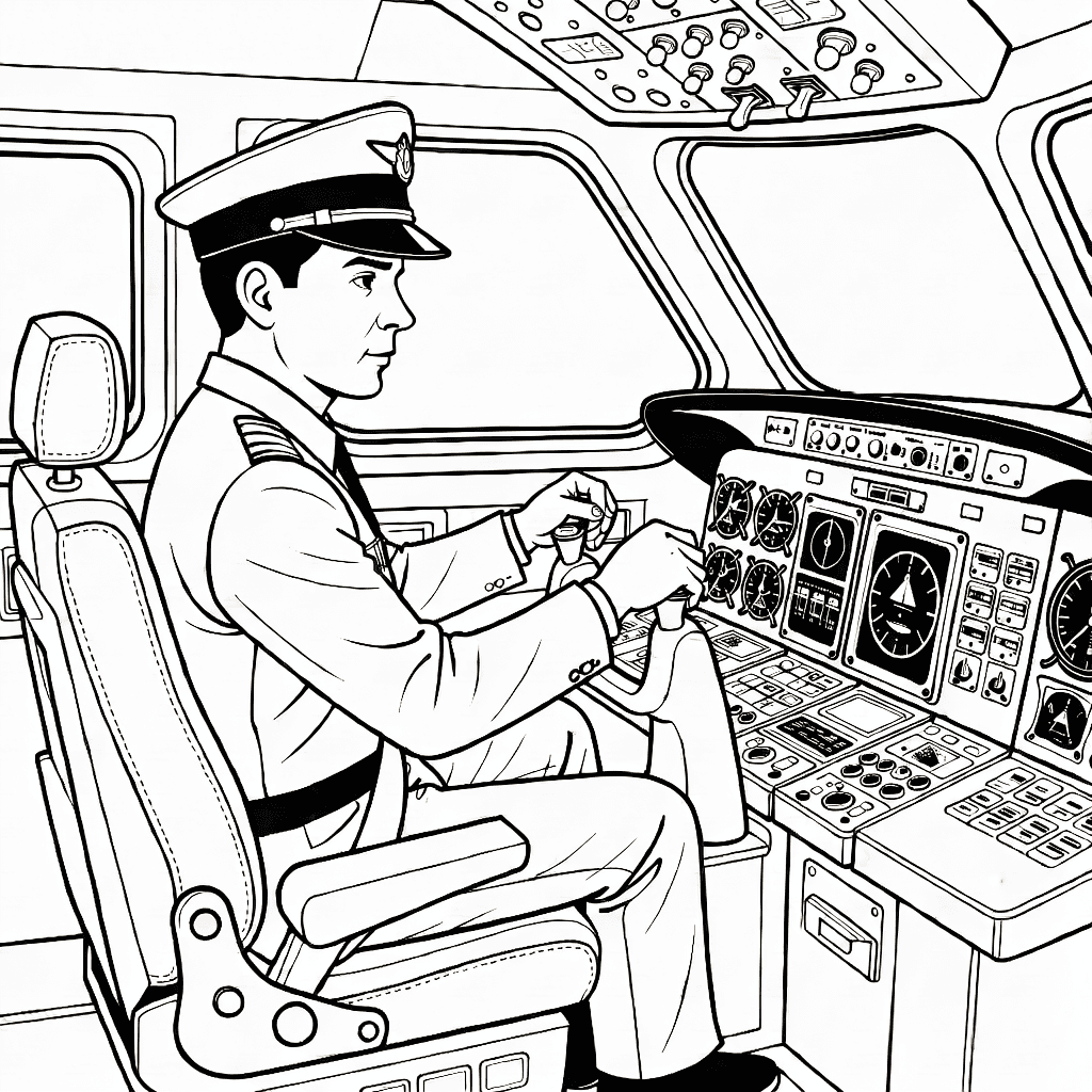 Pilot im Flugzeugcockpit mit detaillierten Instrumenten und konzentriertem Blick