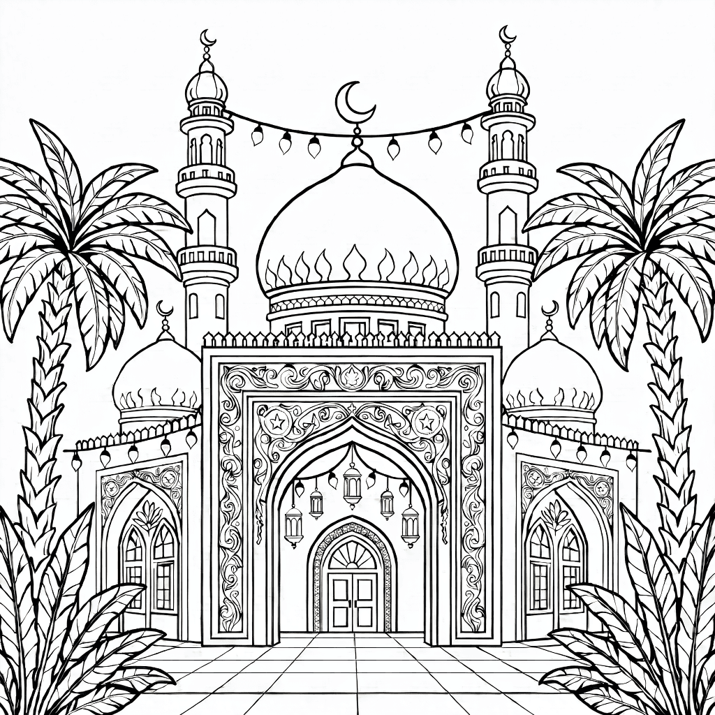 Moschee mit Kuppeln und Minaretten, beleuchtet von Lichterketten und Laternen, umgeben von Palmen unter Abendhimmel.
