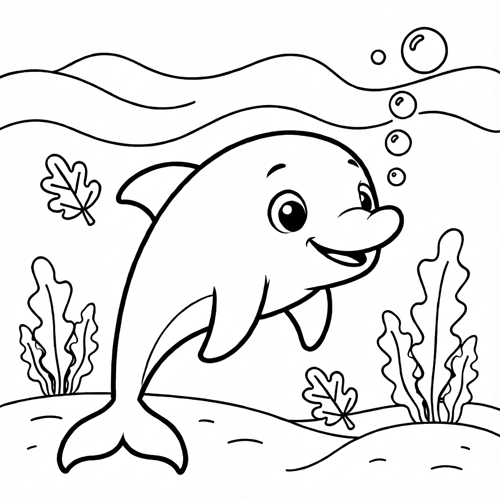 A cute baby dolphin swimming underwater blowing small bubbles with waves and seaweed in the background