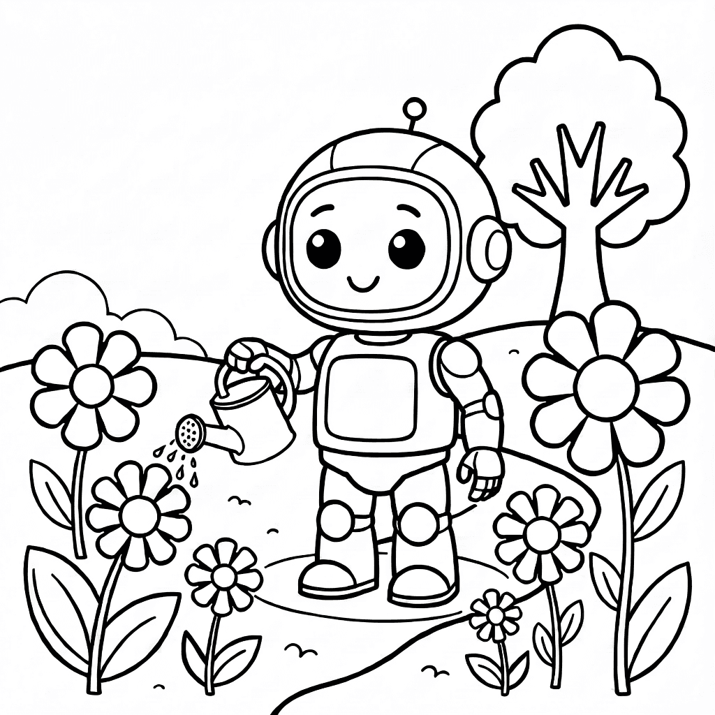 Piccolo robot amichevole che annaffia fiori colorati in un giardino con albero e sentiero