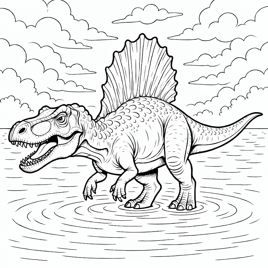 Spinosaurus grande en un río con escamas detalladas, vela en la espalda, hocico abierto y cielo nublado