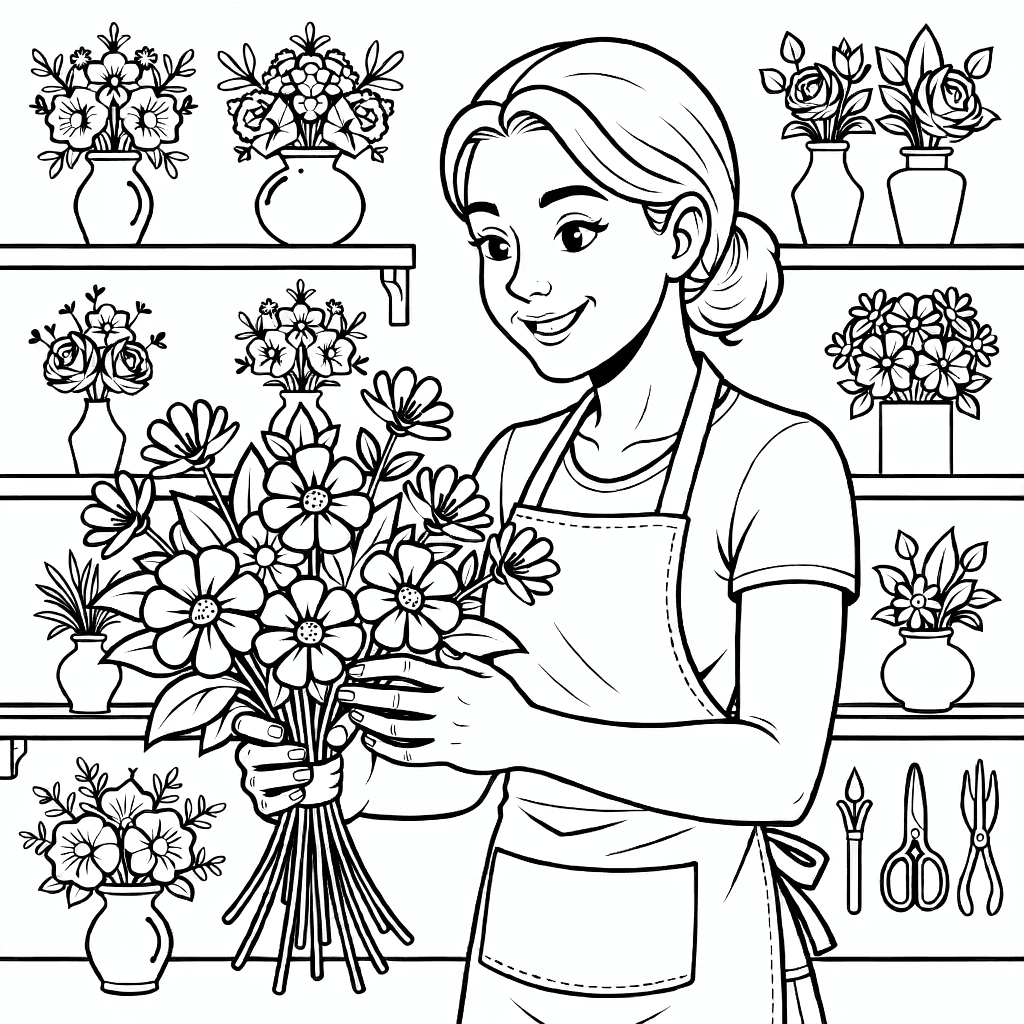 Lächelnder Florist arrangiert detaillierten Blumenstrauß im Blumenladen mit Regalen und Werkzeugen