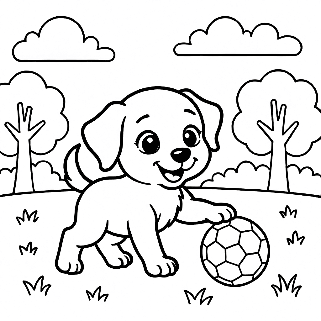 Cachorro alegre con ojos grandes jugando al fútbol en césped con árboles y cielo de fondo