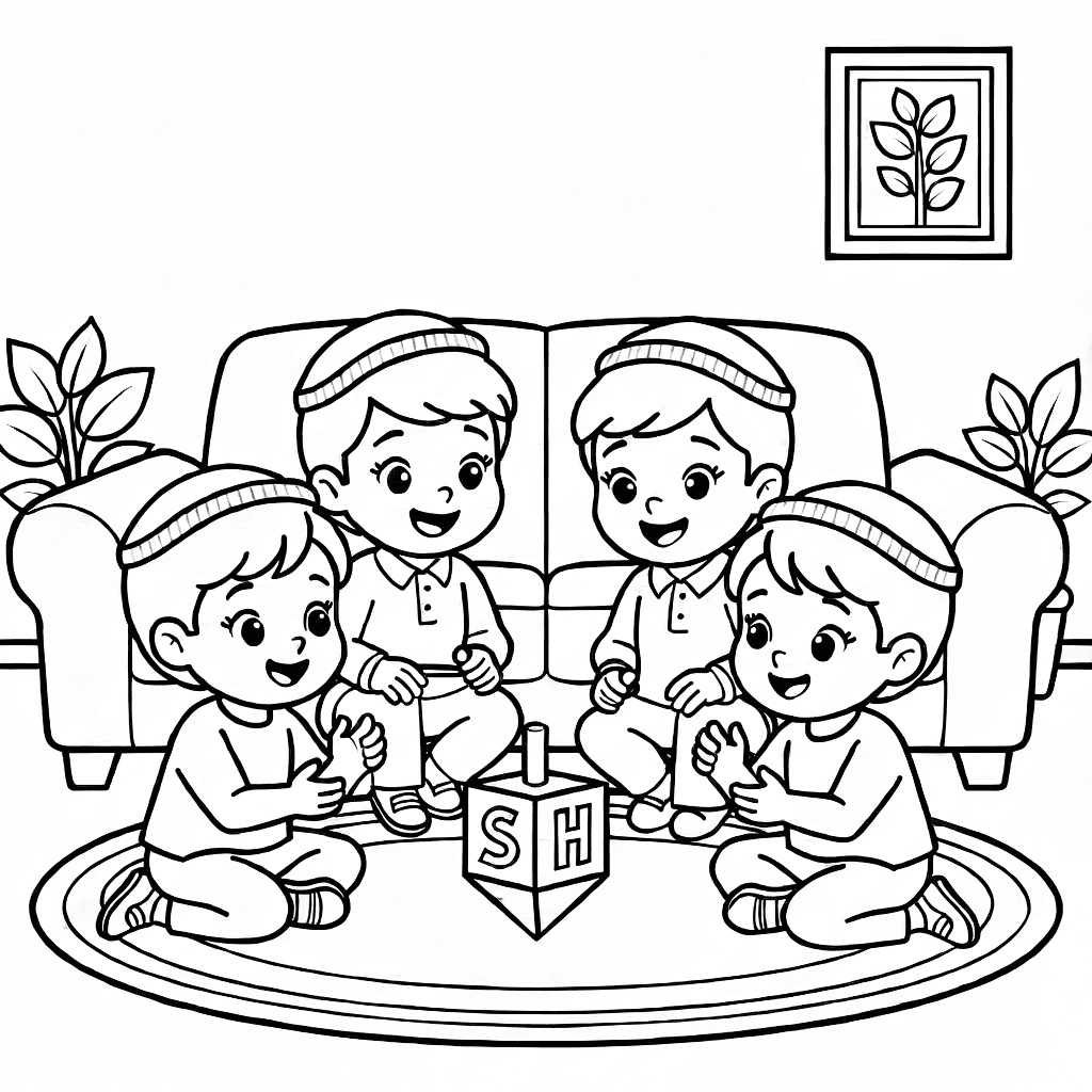 Group of children wearing yarmulkes playing dreidel in a cozy living room with sofa and rug
