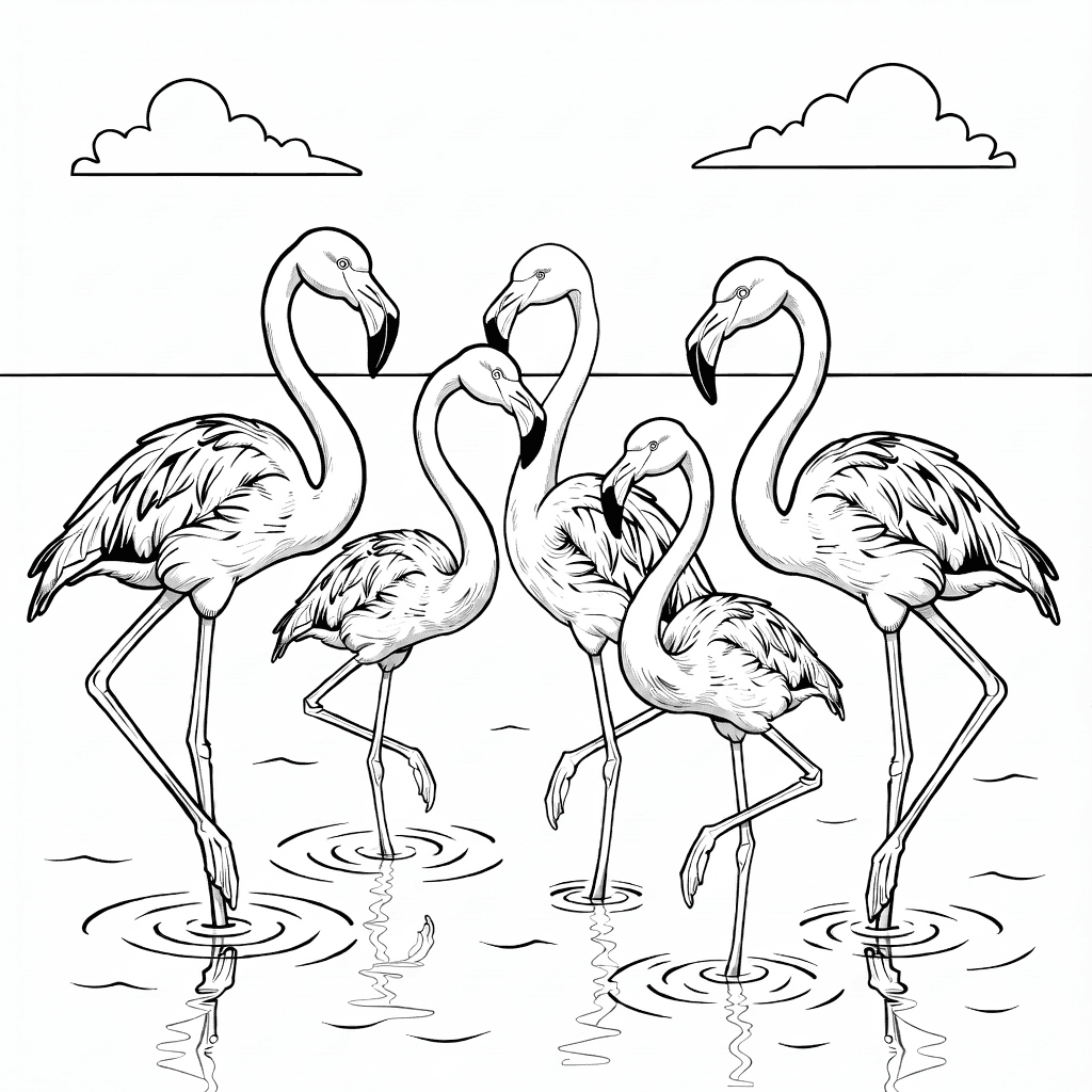 Gruppe von Flamingos steht im flachen Wasser unter klarem Himmel mit Spiegelungen und Wolken