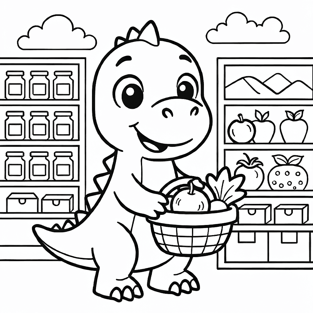 Dinosaur pushing a shopping cart inside a grocery store filled with fruits and vegetables