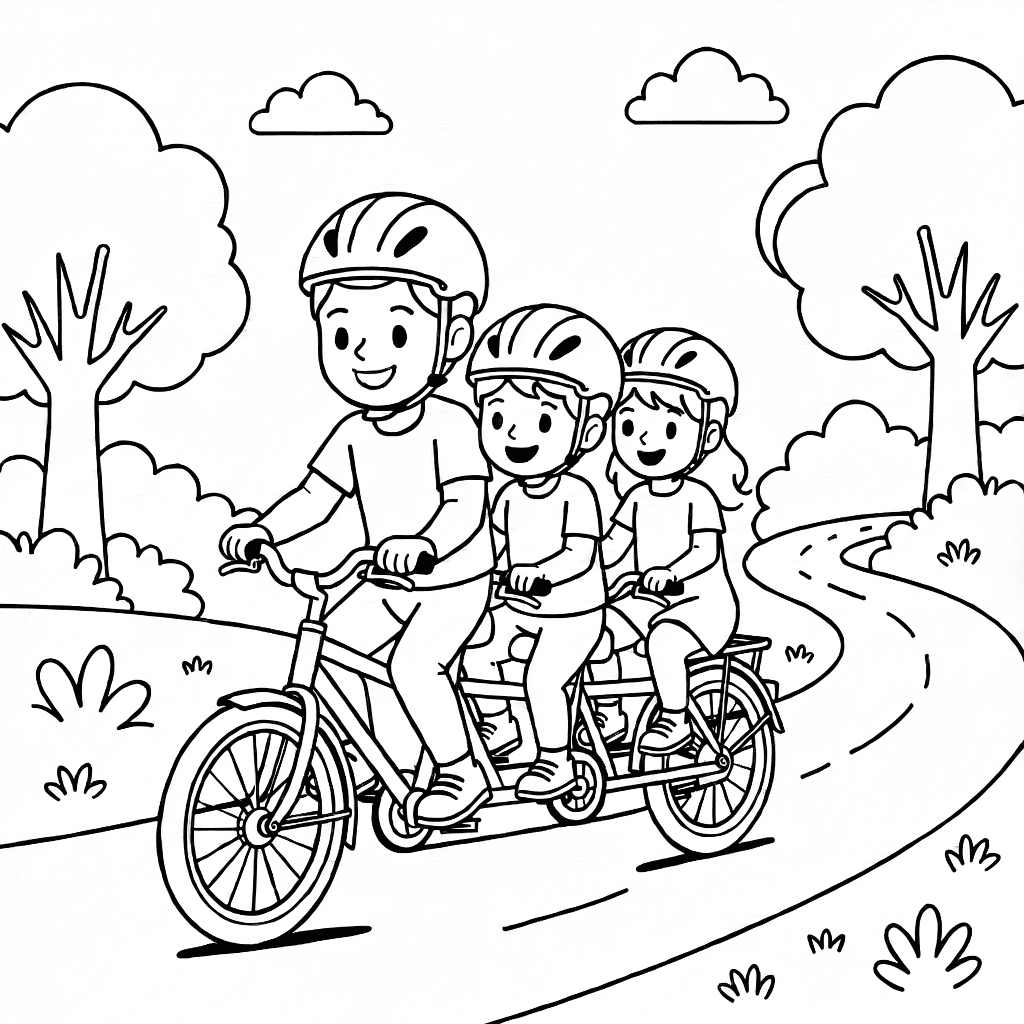 A happy family of two adults and two children riding a tandem bicycle on a trail with trees and bushes