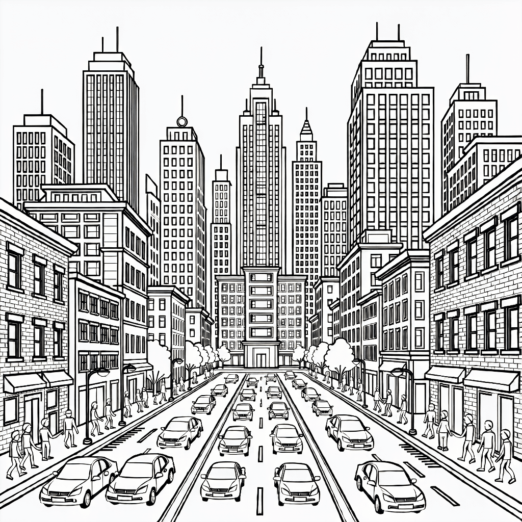 Detailed city skyline at sunset with tall buildings, glowing windows, cars, pedestrians, and streetlights