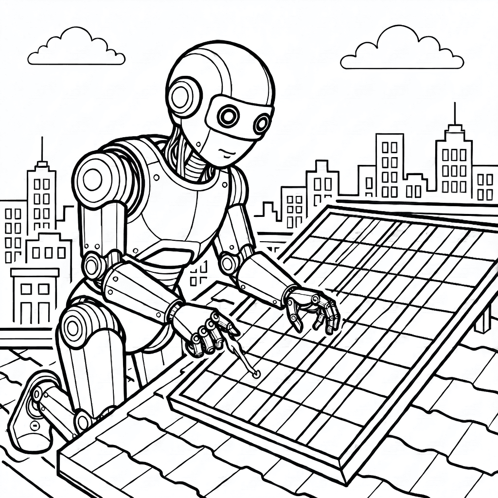 Robot umanoide con giunture articolate che ripara pannelli solari su un tetto con skyline e nuvole sullo sfondo